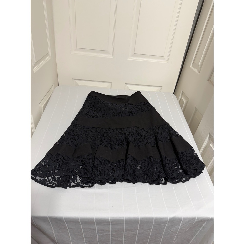 Sunny Taylor Petite Black Lace Tiered A-Line Skirt Size 8P Floral Mesh Panel